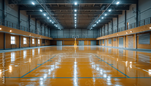 An indoor basketball court with polished floors and bright lighting. The clean, spacious environment makes it a perfect place for sports events and practice sessions.