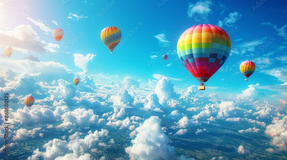 Fototapeta premium A colorful hot air balloon is flying in the sky above a city