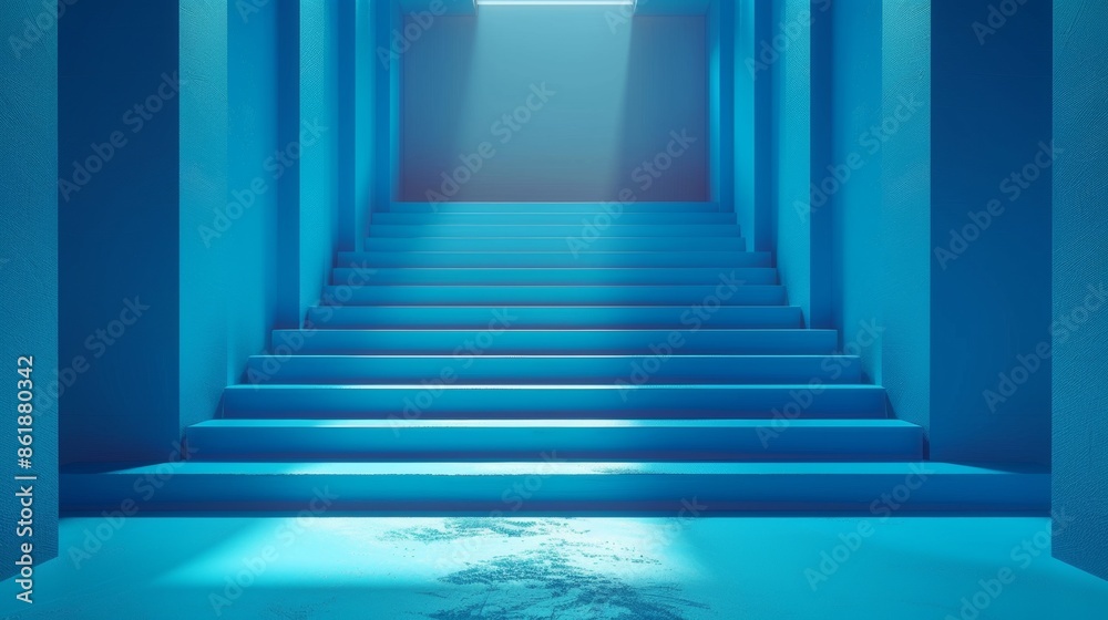 A blue staircase with a light shining on it A blue staircase with a light shining on it