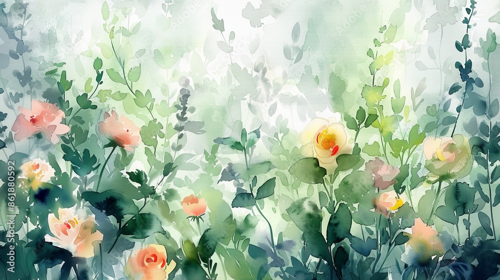 A soft, dreamy watercolor painting of roses blooming in a garden A soft, dreamy watercolor painting of roses blooming in a garden