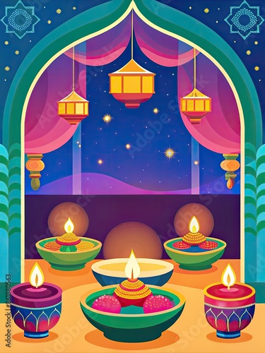 Colorful celebration with candles and lanterns.