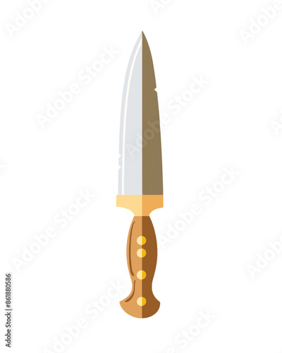 Medium length sharp rugged brown wooden handle grip metal dagger . Video game asset completely lossless resizable vector art design on white background generative ai