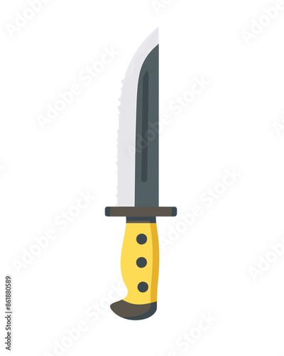 Large very sharp serrated blade edge stainless steel hunting military tactical yellow handle knife. Video game asset completely lossless resizable vector art design on white background generative ai