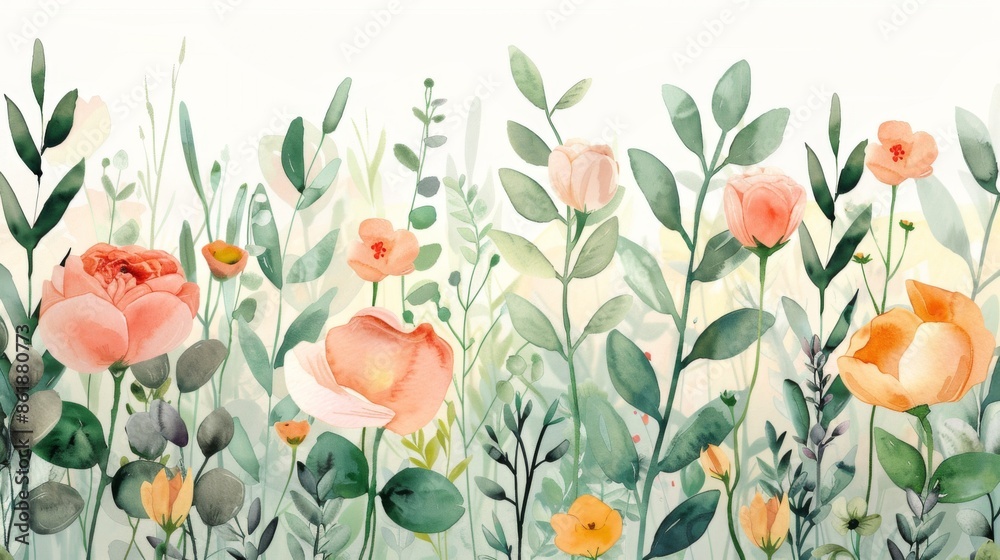 A watercolor painting of a garden filled with peach and yellow flowers. The flowers are surrounded by green leaves and stems A watercolor painting of a garden filled with peach and yellow flowers. The flowers are surrounded by green leaves and stems