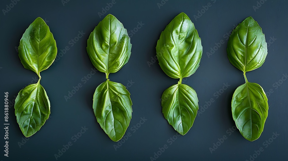 The image shows four green leaves, likely basil, arranged in two rows of three. The leaves are fresh and appear to be of the same variety The image shows four green leaves, likely basil, arranged in two rows of three. The leaves are fresh and appear to be of the same variety