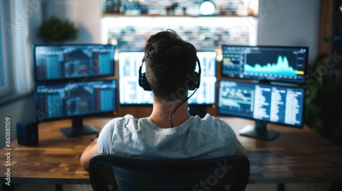 Man analyzing cryptocurrency data on multiple monitors in a modern office, wearing headphones and working late to monitor financial markets.