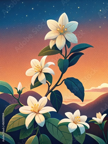 Blooming magnolia flowers against a sunset sky.