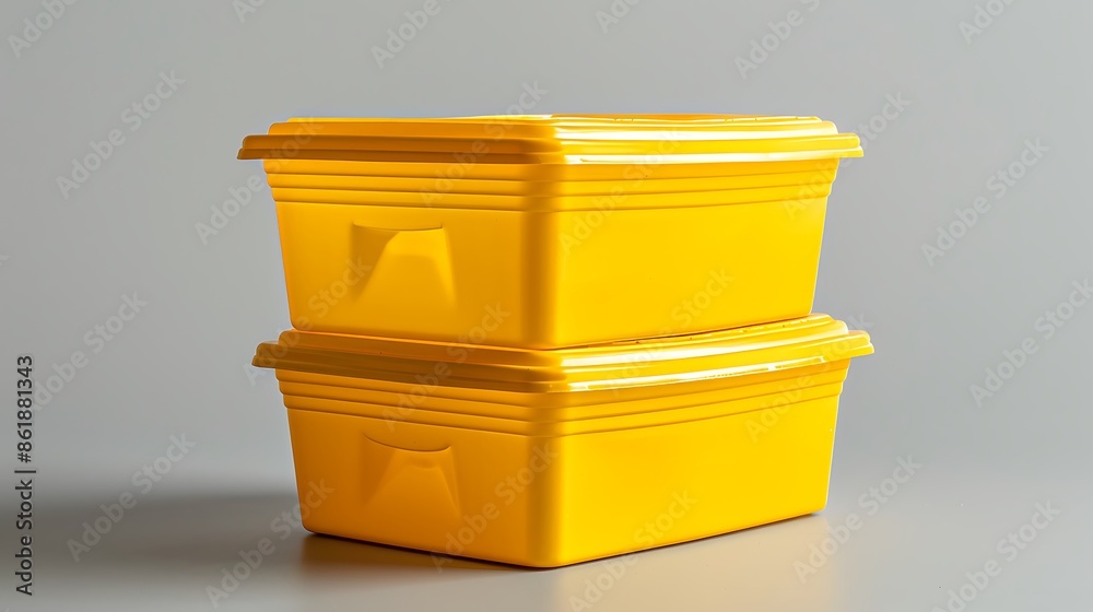 The image shows two yellow plastic containers stacked on top of each other rectangular shape with a flat lid on top appears to be empty The image shows two yellow plastic containers stacked on top of each other rectangular shape with a flat lid on top appears to be empty