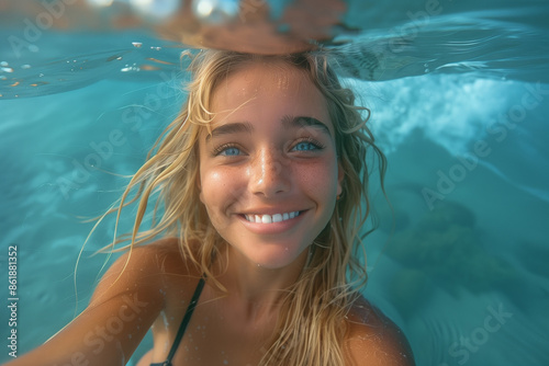 Happy blonde caucasian girl swimming underwater © Olivia