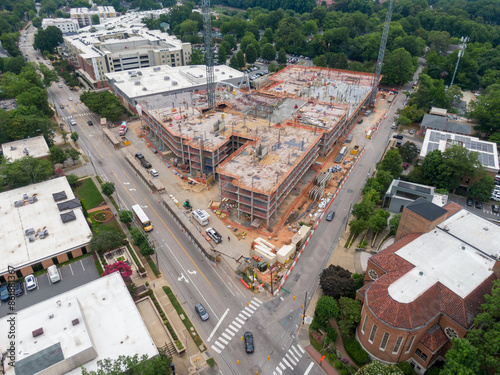 Daytime Drone Images of Highrise Construction and the Skyline in Downtown Raleigh North Carolina. Industry, Architecture, Engineering