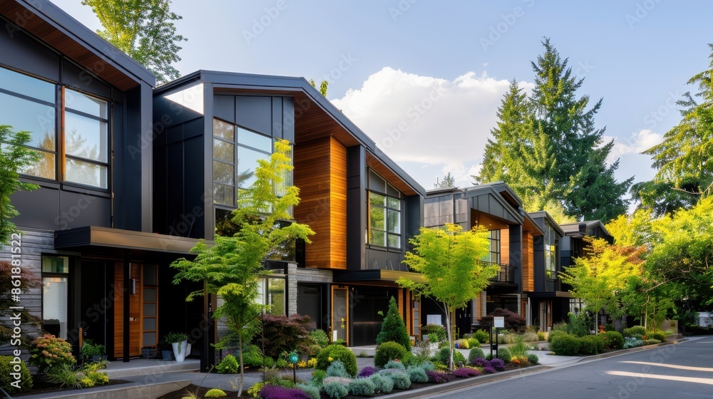 Modern townhouses with large windows, surrounded by lush greenery and a clear sky, creating a peaceful suburban neighborhood scene. Modern townhouses with large windows, surrounded by lush greenery and a clear sky, creating a peaceful suburban neighborhood scene.