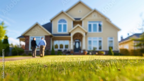 Two people walking toward a large suburban house with a well-manicured lawn, captured on a clear, sunny day. © stockpro