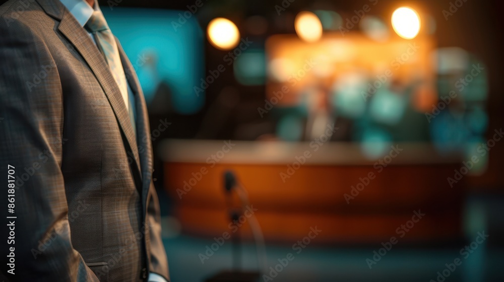 Man in suit standing near a news desk in a brightly lit studio, with blurred background, representing media and communication. Man in suit standing near a news desk in a brightly lit studio, with blurred background, representing media and communication.