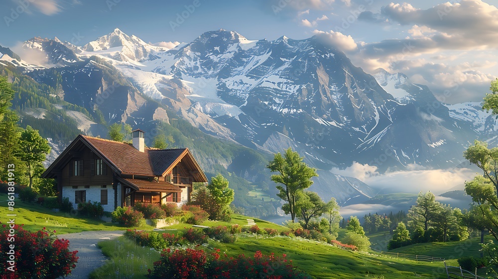 This image captures a serene scene of a Swiss chalet nestled in the mountains The chalet, with its brown roof and white walls, is surrounded by lush greenery. This image captures a serene scene of a Swiss chalet nestled in the mountains The chalet, with its brown roof and white walls, is surrounded by lush greenery.