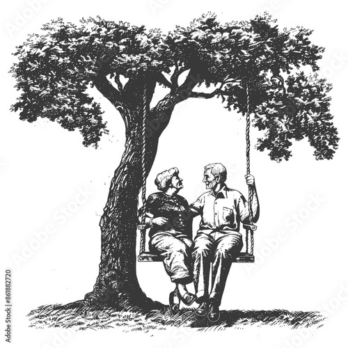 elderly couple sitting on a swing on the tree with engraving style black color only