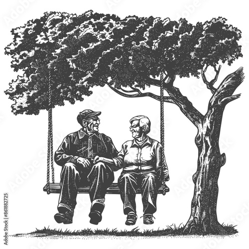 elderly couple sitting on a swing on the tree with engraving style black color only