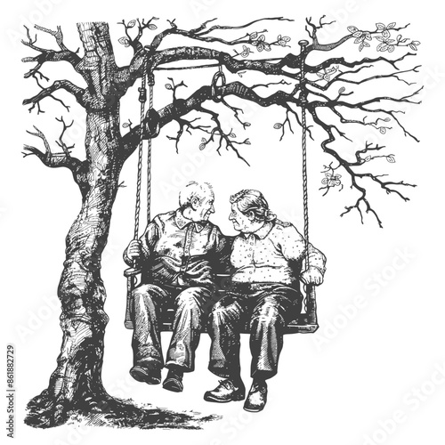 elderly couple sitting on a swing on the tree with engraving style black color only