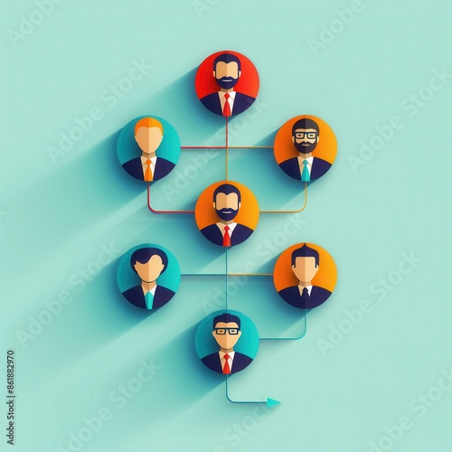 Flat Design Organizational Chart with Business Icons Representing Team Structure and Hierarchy