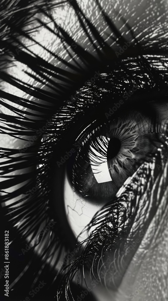 Obraz premium Wispy eyelashes frame a striking and detailed eye in this dramatic closeup. Black and white art