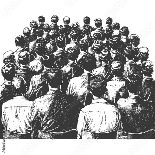 Audience Heads: Engraved Crowd, Back View, Seated, Monochrome Graphic