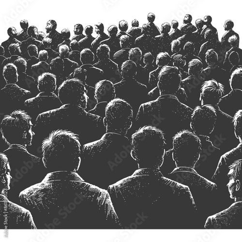 Monochrome Crowd: Dense Group of Figures in Suits, Anonymous Backs and Faces, High Angle Perspective.