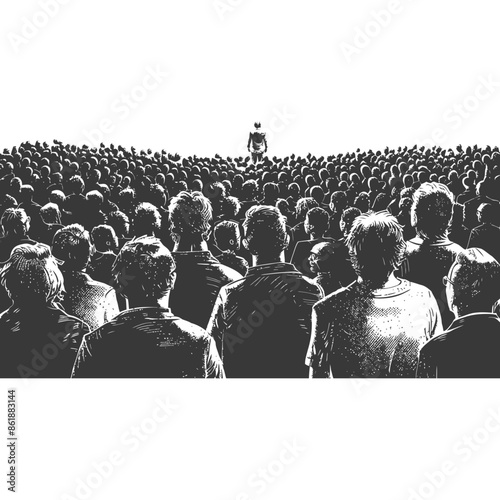 Monochrome Crowd: Backs Turned, Singular Figure Standing Above, Anonymous Unity.