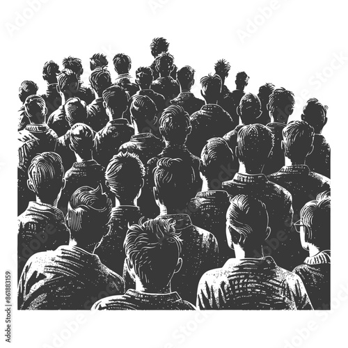 Monochrome Crowd: Mass of People, Engraving Style, Back View, Anonymous Faces, Spectators.