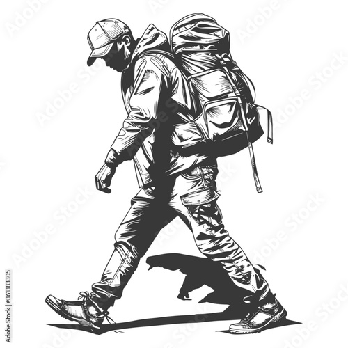 Monochrome Hiker: Detailed Sketch of a Backpacking Traveler Walking with Determination.
