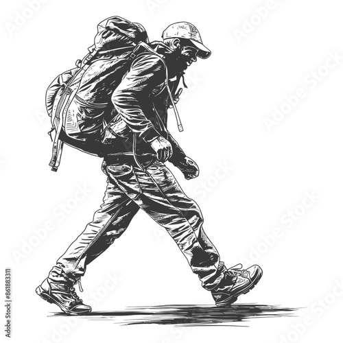 Ink Sketch: Striding Hiker with Oversized Backpack, Cap and Beard on White.