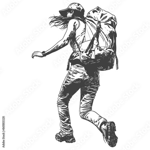 Sketch: Female Hiker Striding Forward with Oversized Backpack, Adventure Ready.