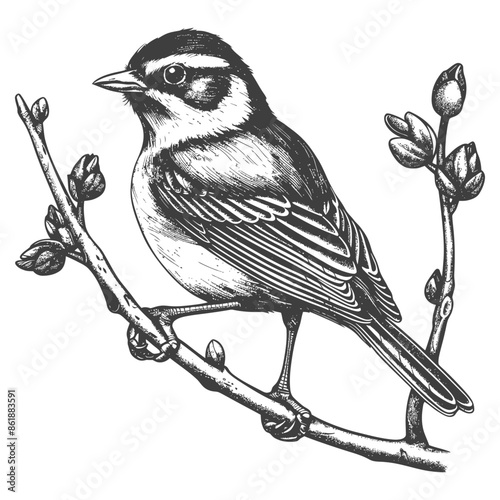 bird on tree branches with engraving style black color only