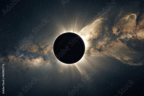 Solar eclipse with detailed view of corona and stars