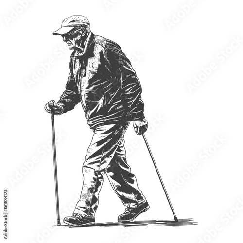 Ink Sketch: Elderly Man Trekking with Walking Sticks, White Background