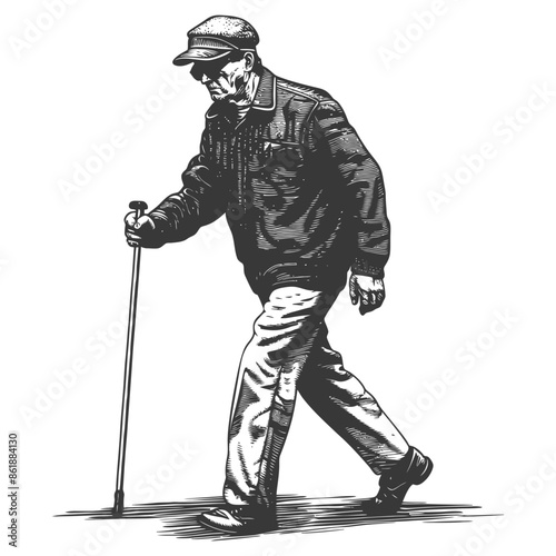 Etched Elder: Bent Figure with Cap and Cane, Vector Silhouette of Slow, Steady Stride.