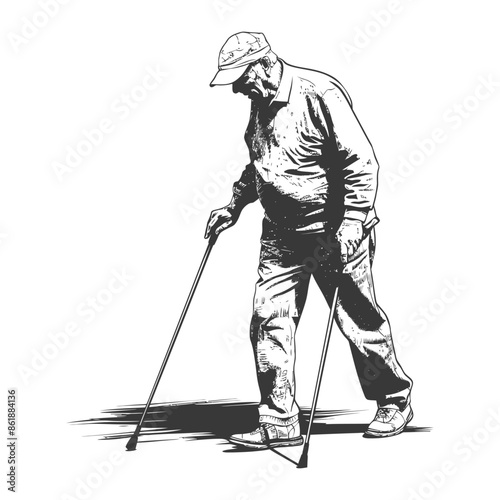 Stooped Elderly Man Walking with Two Canes, Monochrome Illustration.