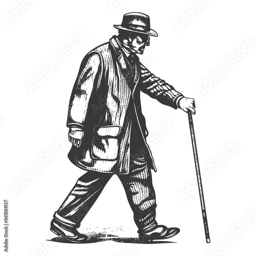 Vintage Sketch: Man with Cane and Fedora Walking, Shaded Illustration Style.