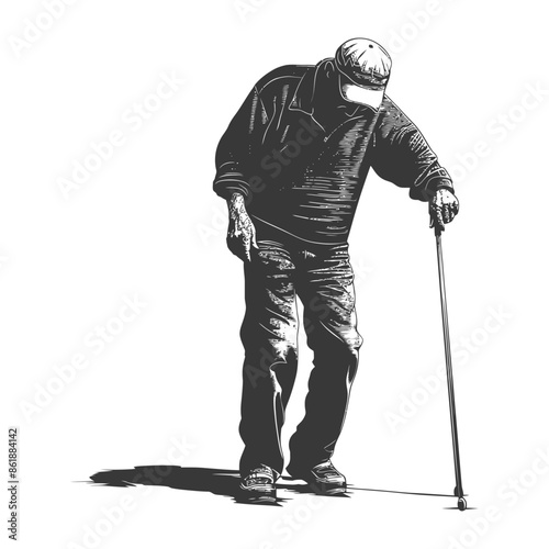Elderly Man Leaning on Cane: Monochrome Vector Illustration of Aging and Support