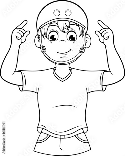 Niño visto de frente apuntando con sus dedos de ambas manos su casco de seguridad que usa cuando maneja bicicleta, ilustracion vectorial en blanco y negro.
