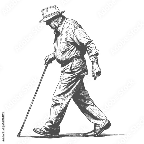 Etched Elderly Man: Cane Walker in Fedora, Sepia Tones.