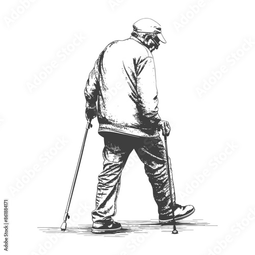Elderly Man Walking with Canes, Ink Sketch on White.