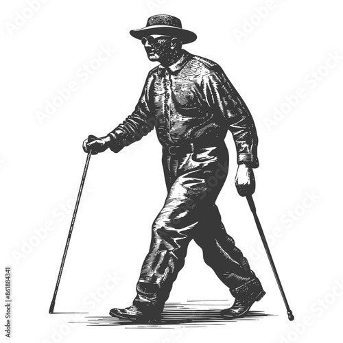 Vintage Engraving: Elderly Man Walking with Canes, Rustic Hat and Clothes, Full Body