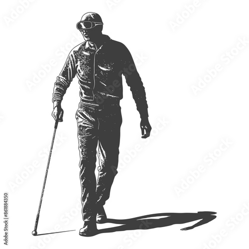 Engraved Blind Man: Textured Illustration of a Person with Cane and Goggles Walking Forward