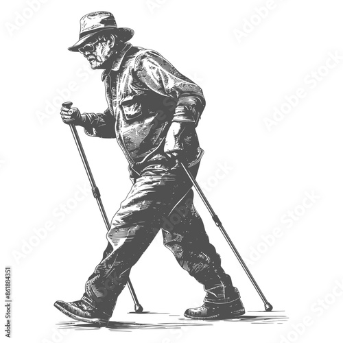 Crosshatched Wanderer: Elderly Man Nordic Walking, Hat and Weathered Face, Vintage Style.