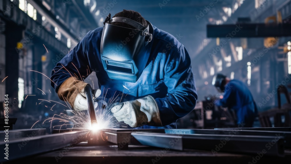 A man welding metal in a factory with other workers nearby, AI A man welding metal in a factory with other workers nearby, AI