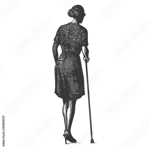 Engraved Woman with Cane: Back View, Vintage Style Illustration.