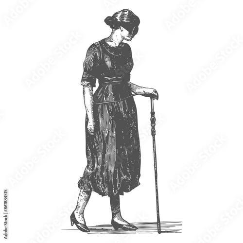 Vintage Woman with Cane, Blindfolded: Etched Illustration, Antique Symbolism.