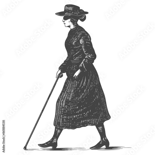 Blind Woman with Cane: Vintage Engraving Style Illustration.