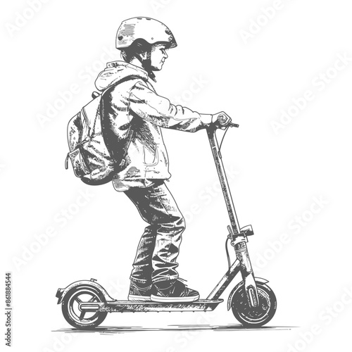 Sketch of boy with helmet riding electric scooter, backpack, urban mobility.