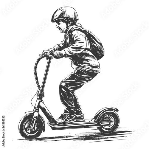 Ink Sketch: Boy with Backpack on Scooter, Helmet and Enthusiasm.