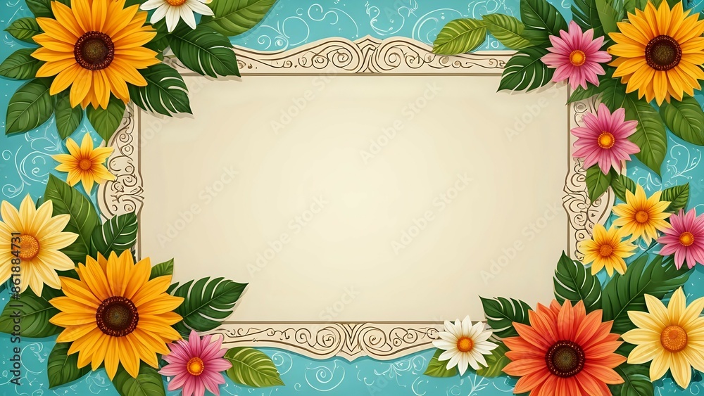 Obraz premium Summer background frame with blank paper texture in the middle and floral elements in retro style